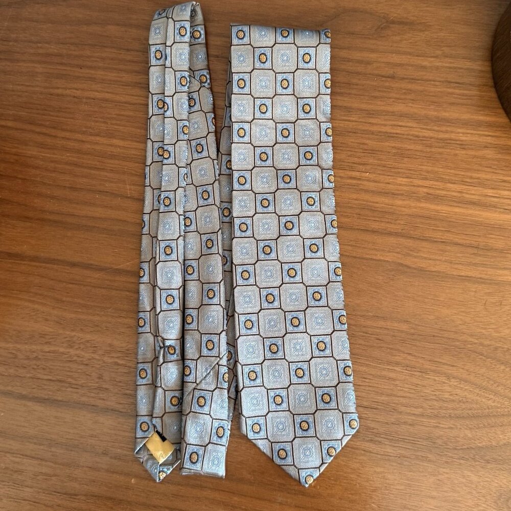 Robert Talbott Mens Silk Neck Tie Best of Class  Square Geo Gray/Taupe Blue